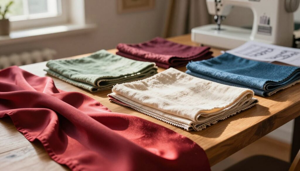 A beautifully arranged collection of vibrant fabric swatches in various textures and patterns, laid out on a wooden table. Foreground features a rich silk fabric draped elegantly, showcasing its sheen and flowing characteristics. In the middle, a selection of cotton and linen fabrics in different colors, folded neatly, highlighting their versatility. The background includes a soft-focus view of a well-lit room with a sewing machine and design sketches visible, creating a creative atmosphere. Warm, natural sunlight filters in through a window, casting gentle shadows and enhancing the textiles' vivid hues. The mood is inspiring, reflecting the artistry and craft of fabric selection in fashion design. A beautifully arranged collection of vibrant fabric swatches in various textures and patterns, laid out on a wooden table. Foreground features a rich silk fabric draped elegantly, showcasing its sheen and flowing characteristics. In the middle, a selection of cotton and linen fabrics in different colors, folded neatly, highlighting their versatility. The background includes a soft-focus view of a well-lit room with a sewing machine and design sketches visible, creating a creative atmosphere. Warm, natural sunlight filters in through a window, casting gentle shadows and enhancing the textiles' vivid hues. The mood is inspiring, reflecting the artistry and craft of fabric selection in fashion design.