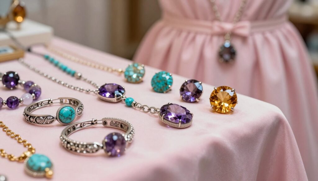 A beautifully arranged display of natural stone jewelry, featuring a variety of gemstones such as amethyst, turquoise, and citrine, set against a soft pink silk background that complements the colors of a delicate pink dress. In the foreground, intricately designed bracelets and necklaces with silver and gold accents catch the light, showcasing their vibrant hues and textures. The middle layer includes elegantly shaped stones, reflecting a spectrum of colors and glimmers of brilliance. The background features a lightly blurred setting with soft, diffused lighting, creating a warm and inviting atmosphere. The lens focuses tightly on the jewelry, capturing the fine details and craftsmanship while evoking a sense of luxury and charm, perfect for enhancing the elegance of any outfit. A beautifully arranged display of natural stone jewelry, featuring a variety of gemstones such as amethyst, turquoise, and citrine, set against a soft pink silk background that complements the colors of a delicate pink dress. In the foreground, intricately designed bracelets and necklaces with silver and gold accents catch the light, showcasing their vibrant hues and textures. The middle layer includes elegantly shaped stones, reflecting a spectrum of colors and glimmers of brilliance. The background features a lightly blurred setting with soft, diffused lighting, creating a warm and inviting atmosphere. The lens focuses tightly on the jewelry, capturing the fine details and craftsmanship while evoking a sense of luxury and charm, perfect for enhancing the elegance of any outfit.