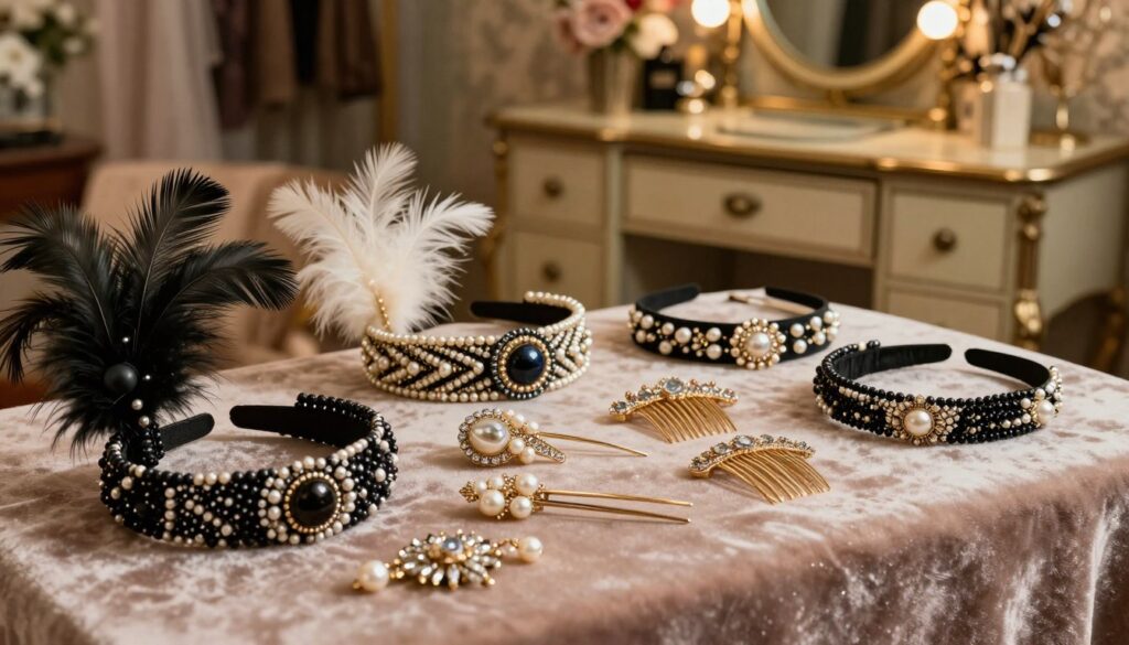 A beautifully arranged display of vintage hair accessories inspired by the elegant hairstyles of the 1920s. In the foreground, an assortment of artfully designed headbands, including intricate beaded and feathered opaski, rests gracefully on a soft, velvet surface. In the middle ground, delicate hairpins and combs, embellished with pearls and rhinestones, are elegantly scattered nearby. The background features a softly lit, vintage vanity adorned with classic mirrors and subtle floral arrangements, evoking a sense of nostalgia. The lighting is warm and inviting, creating a glamorous atmosphere reminiscent of a speakeasy. The overall mood should reflect sophistication and retro charm, perfect for complementing a chic 1920s hairstyle. The scene encompasses refinement and style, celebrating timeless elegance in hair fashion. A beautifully arranged display of vintage hair accessories inspired by the elegant hairstyles of the 1920s. In the foreground, an assortment of artfully designed headbands, including intricate beaded and feathered opaski, rests gracefully on a soft, velvet surface. In the middle ground, delicate hairpins and combs, embellished with pearls and rhinestones, are elegantly scattered nearby. The background features a softly lit, vintage vanity adorned with classic mirrors and subtle floral arrangements, evoking a sense of nostalgia. The lighting is warm and inviting, creating a glamorous atmosphere reminiscent of a speakeasy. The overall mood should reflect sophistication and retro charm, perfect for complementing a chic 1920s hairstyle. The scene encompasses refinement and style, celebrating timeless elegance in hair fashion.