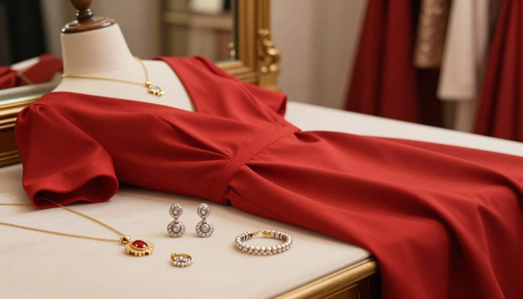 A beautifully arranged scene featuring elegant jewelry suitable for a red dress. In the foreground, display a collection of gold and silver jewelry pieces, including a delicate necklace, statement earrings, and a matching bracelet, reflecting various styles to harmonize with the red tones. The middle layer showcases a vibrant red dress draped softly on a mannequin or elegantly laid out, accentuated with warm, diffused lighting that enhances the richness of the fabric. In the background, a softly blurred setting reminiscent of a luxurious dressing room, with warm wooden accents and hints of soft fabrics. The atmosphere is sophisticated and inviting, emphasizing the theme of elegance and harmony in accessorizing a red dress. A beautifully arranged scene featuring elegant jewelry suitable for a red dress. In the foreground, display a collection of gold and silver jewelry pieces, including a delicate necklace, statement earrings, and a matching bracelet, reflecting various styles to harmonize with the red tones. The middle layer showcases a vibrant red dress draped softly on a mannequin or elegantly laid out, accentuated with warm, diffused lighting that enhances the richness of the fabric. In the background, a softly blurred setting reminiscent of a luxurious dressing room, with warm wooden accents and hints of soft fabrics. The atmosphere is sophisticated and inviting, emphasizing the theme of elegance and harmony in accessorizing a red dress.
