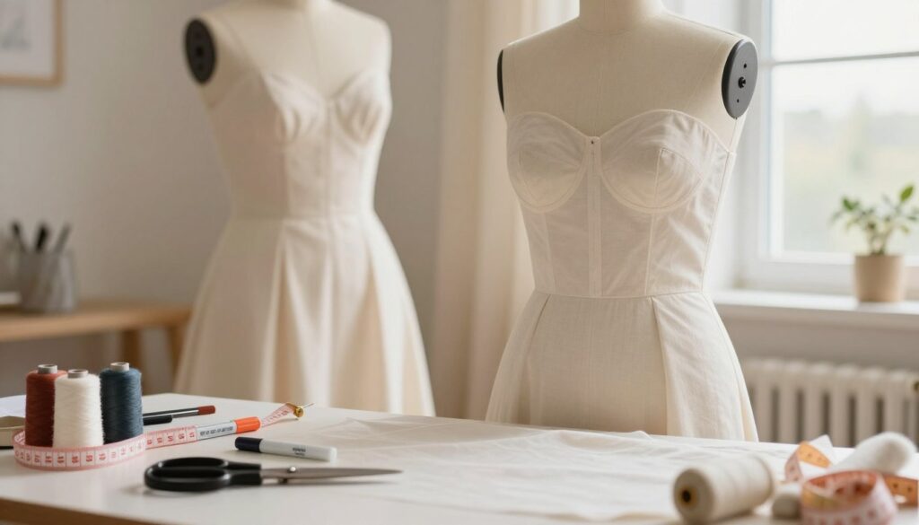 A beautifully arranged sewing workspace, featuring a close-up of a dress on a mannequin, showcasing a well-fitted bodice area to illustrate adjustments for improved fit. In the foreground, there are sewing tools like scissors, fabric markers, and a measuring tape, emphasizing practicality. The middle section includes a skillfully crafted dress with soft fabric textures, subtly highlighting how volume can be added to the bust while maintaining the original design style. In the background, a warm, diffused light enhances the cozy atmosphere, reflecting creativity and craftsmanship, while a soft focus on a bright window shows a glimpse of a serene outdoor scene. The overall mood is inspiring and professional, inviting readers to explore quick, effective fitting solutions.