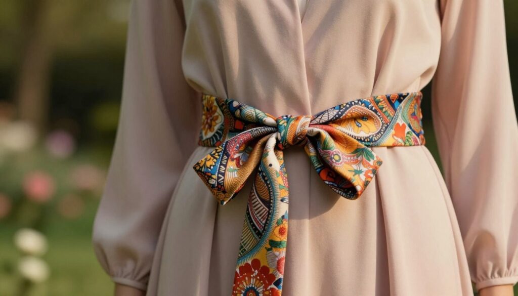 A beautifully crafted fabric belt elegantly tied around the waist of a stylish dress, showcasing the intricate knot that highlights the waistline. The foreground features the vibrant texture of the belt, with lush fabric patterns like floral or geometric designs. In the middle, the dress is made of flowing material that complements the belt in color and style, perhaps in pastel shades or classic prints. The background softly blurs out, hinting at a picturesque garden or a softly lit room, enhancing the elegance of the scene. The lighting is warm and inviting, casting gentle shadows that accentuate the fabric's details. The overall mood is sophisticated and fashionable, exuding a sense of tailored elegance and refinement. A beautifully crafted fabric belt elegantly tied around the waist of a stylish dress, showcasing the intricate knot that highlights the waistline. The foreground features the vibrant texture of the belt, with lush fabric patterns like floral or geometric designs. In the middle, the dress is made of flowing material that complements the belt in color and style, perhaps in pastel shades or classic prints. The background softly blurs out, hinting at a picturesque garden or a softly lit room, enhancing the elegance of the scene. The lighting is warm and inviting, casting gentle shadows that accentuate the fabric's details. The overall mood is sophisticated and fashionable, exuding a sense of tailored elegance and refinement.
