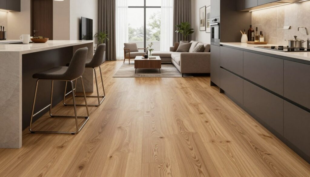A beautifully designed kitchen and living room space featuring stylish "panele winylowe" (vinyl panels) as flooring, seamlessly transitioning between the two areas. In the foreground, showcase a modern kitchen island with sleek bar stools, emphasizing the durability and aesthetic appeal of the flooring. The middle ground features the adjoining living area with a cozy sofa and tasteful decor, all resting on the vinyl flooring that mimics natural wood grain. The background should include large windows letting in soft, natural light, creating a warm, inviting atmosphere. Use a slight low-angle perspective to capture the elegance of the design and materials. The overall mood should convey sophistication and functionality, highlighting the importance of moisture resistance and durability in both spaces. A beautifully designed kitchen and living room space featuring stylish "panele winylowe" (vinyl panels) as flooring, seamlessly transitioning between the two areas. In the foreground, showcase a modern kitchen island with sleek bar stools, emphasizing the durability and aesthetic appeal of the flooring. The middle ground features the adjoining living area with a cozy sofa and tasteful decor, all resting on the vinyl flooring that mimics natural wood grain. The background should include large windows letting in soft, natural light, creating a warm, inviting atmosphere. Use a slight low-angle perspective to capture the elegance of the design and materials. The overall mood should convey sophistication and functionality, highlighting the importance of moisture resistance and durability in both spaces.