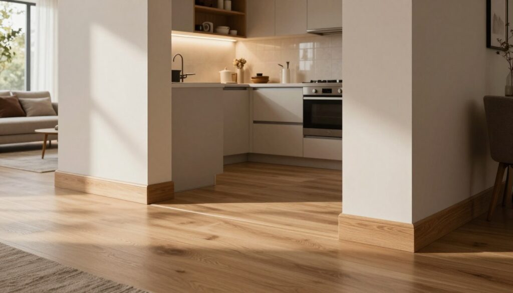 A beautifully designed kitchen and living room transition featuring "Salag" baseboards that elegantly connect the two spaces. In the foreground, sleek, modern baseboards line the edges where the wooden floor meets the walls, showcasing intricate textures and a polished finish. The middle ground highlights an inviting kitchen with contemporary cabinetry and minimalist decor, seamlessly blending into a cozy, open living area with soft, neutral tones. The background displays a warm, ambient light filtering through large windows, casting gentle shadows that enhance the appeal of the floor transition. Photographed from a slightly elevated angle, this composition captures the harmony and aesthetic durability of the baseboards while conveying a modern, stylish atmosphere in the home. A beautifully designed kitchen and living room transition featuring "Salag" baseboards that elegantly connect the two spaces. In the foreground, sleek, modern baseboards line the edges where the wooden floor meets the walls, showcasing intricate textures and a polished finish. The middle ground highlights an inviting kitchen with contemporary cabinetry and minimalist decor, seamlessly blending into a cozy, open living area with soft, neutral tones. The background displays a warm, ambient light filtering through large windows, casting gentle shadows that enhance the appeal of the floor transition. Photographed from a slightly elevated angle, this composition captures the harmony and aesthetic durability of the baseboards while conveying a modern, stylish atmosphere in the home.