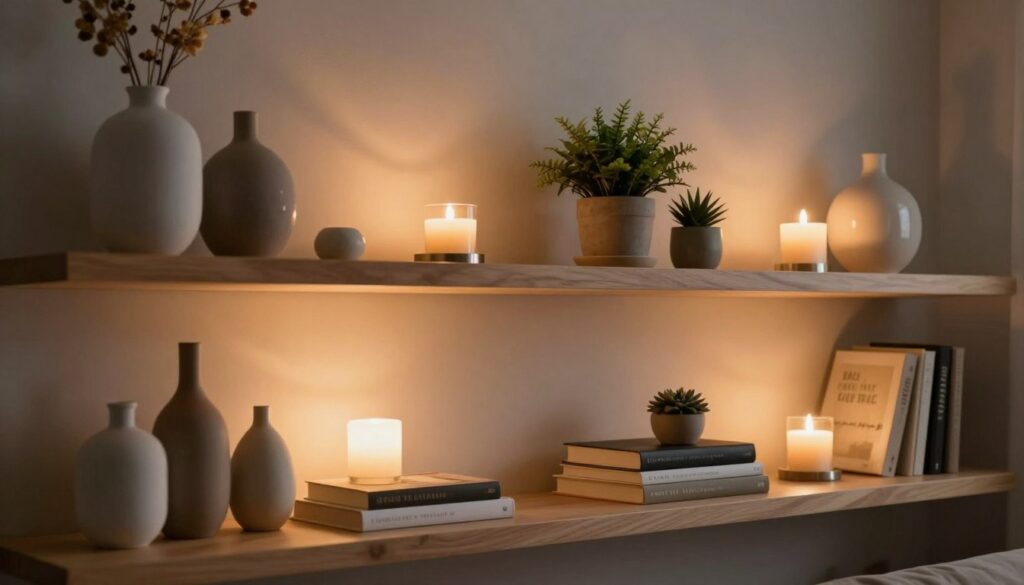 A beautifully designed living room shelf adorned with a variety of decorative items, emphasizing mood-enhancing lighting. In the foreground, a warm, ambient light source illuminates a collection of elegant vases and books, creating soft shadows and highlights. The middle layer features a tasteful arrangement of candles and small potted plants, adding texture and depth. In the background, a stylish wall with muted colors complements the overall aesthetic, enhancing the cozy atmosphere. The image employs soft focus to emphasize the lighting effects, captured with a wide-angle lens to encompass the entire shelf. The overall mood is inviting and harmonious, perfect for setting a tranquil ambiance in a modern home. A beautifully designed living room shelf adorned with a variety of decorative items, emphasizing mood-enhancing lighting. In the foreground, a warm, ambient light source illuminates a collection of elegant vases and books, creating soft shadows and highlights. The middle layer features a tasteful arrangement of candles and small potted plants, adding texture and depth. In the background, a stylish wall with muted colors complements the overall aesthetic, enhancing the cozy atmosphere. The image employs soft focus to emphasize the lighting effects, captured with a wide-angle lens to encompass the entire shelf. The overall mood is inviting and harmonious, perfect for setting a tranquil ambiance in a modern home.