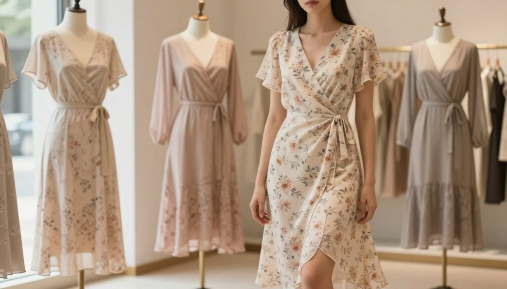 A beautifully designed wrap dress showcasing a variety of styles suitable for different body shapes. In the foreground, a model stands confidently in an elegantly draped, knee-length wrap dress, emphasizing a flattering silhouette. The dress features a delicate floral pattern and a soft, flowing fabric that captures movement. In the middle ground, several additional wrap dresses on display, styled on mannequins, highlight variations such as short sleeves, long sleeves, and different lengths. The background is softly blurred with a neutral-toned boutique setting, emphasizing the dresses. Warm, natural lighting filters through a nearby window, creating a welcoming atmosphere. The focus is on the dresses, conveying the idea of versatility and elegance while being suitable for various body types. A beautifully designed wrap dress showcasing a variety of styles suitable for different body shapes. In the foreground, a model stands confidently in an elegantly draped, knee-length wrap dress, emphasizing a flattering silhouette. The dress features a delicate floral pattern and a soft, flowing fabric that captures movement. In the middle ground, several additional wrap dresses on display, styled on mannequins, highlight variations such as short sleeves, long sleeves, and different lengths. The background is softly blurred with a neutral-toned boutique setting, emphasizing the dresses. Warm, natural lighting filters through a nearby window, creating a welcoming atmosphere. The focus is on the dresses, conveying the idea of versatility and elegance while being suitable for various body types.