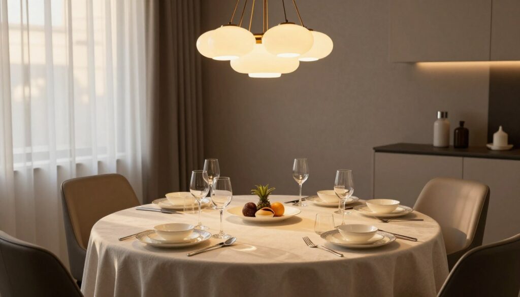 A beautifully illuminated dining table set for an elegant meal, positioned in a modern dining room. The table is adorned with a tasteful tablecloth, fine china, and gleaming cutlery, casting reflections in the warm light. Above the table, a stunning chandelier emits a soft, ambient glow, creating a cozy and inviting atmosphere. In the background, minimalist decor enhances the room’s sophistication, with muted colors and textured walls. The lighting should be soft and diffused, mimicking late afternoon sunlight filtering through sheer curtains. The camera angle captures the setup from a slightly elevated perspective, emphasizing the elegant arrangement and the warm, welcoming ambiance of the dining space, evoking feelings of comfort and togetherness.
