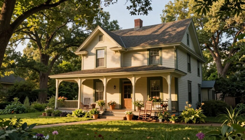 A beautifully restored century-old house surrounded by lush greenery, embodying the essence of a cozy retreat in nature. The foreground features a charming porch with wooden rocking chairs, adorned with potted flowers and sunlight filtering through the leaves. In the middle, the house showcases its vintage architectural details, like ornate window frames and a classic shingled roof. The background displays a vibrant garden and towering trees, with gentle sunlight casting soft shadows. The atmosphere is warm and inviting, evoking a sense of peace and passion for home renovation. The scene is captured with a wide-angle lens to emphasize the expansive natural setting, bathed in golden hour light for a serene mood. The image has no text or overlays. A beautifully restored century-old house surrounded by lush greenery, embodying the essence of a cozy retreat in nature. The foreground features a charming porch with wooden rocking chairs, adorned with potted flowers and sunlight filtering through the leaves. In the middle, the house showcases its vintage architectural details, like ornate window frames and a classic shingled roof. The background displays a vibrant garden and towering trees, with gentle sunlight casting soft shadows. The atmosphere is warm and inviting, evoking a sense of peace and passion for home renovation. The scene is captured with a wide-angle lens to emphasize the expansive natural setting, bathed in golden hour light for a serene mood. The image has no text or overlays.