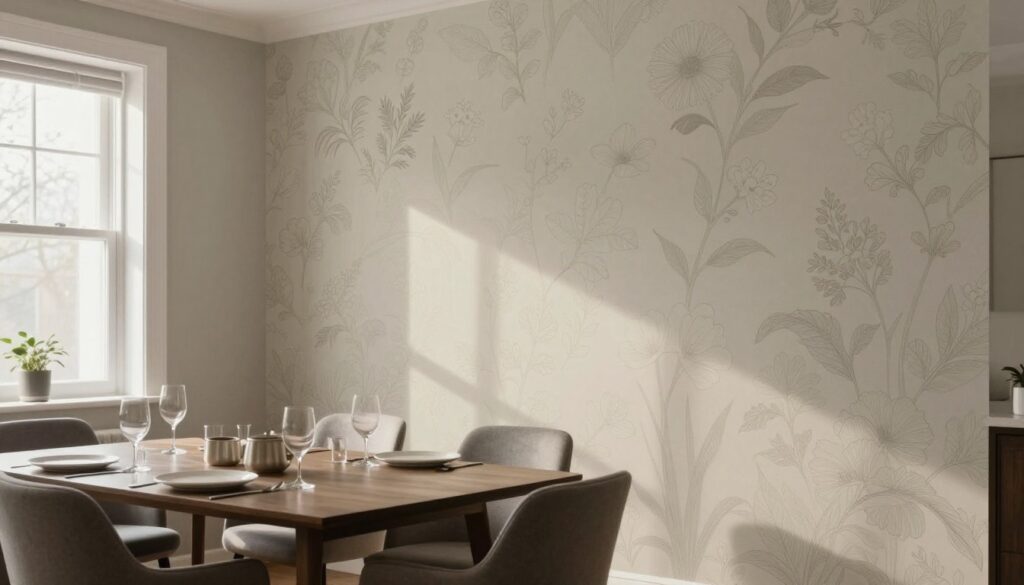 A beautifully styled dining area featuring an elegant wallpaper design that creates a unique and inviting atmosphere. In the foreground, a dining table set with tasteful tableware, surrounded by modern chairs. The middle ground showcases the intricate wallpaper, depicting subtle floral patterns in soft, muted colors, enhancing the warmth of the space. In the background, a large window allows natural light to flood in, casting gentle shadows across the room. The mood is cozy and sophisticated, ideal for gatherings. The lighting is soft and ambient, highlighting the texture of the wallpaper. The camera angle is from a slightly elevated perspective, providing a clear view of the dining area and its decorative elements.