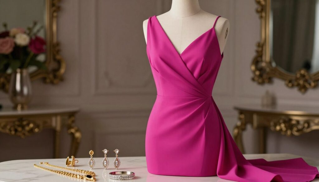 A beautifully styled fuchsia dress draped elegantly on a mannequin, showcasing its vibrant color. In the foreground, there is a delicate arrangement of gold and silver jewelry pieces, including necklaces, bracelets, and earrings that contrast with the dress. In the middle ground, soft lighting highlights the shimmer of the jewelry while casting gentle shadows, creating a sophisticated atmosphere. The background features a softly blurred interior setting, with hints of elegant décor that complement the fashion theme, such as a tasteful mirror and decorative flowers. The overall mood is chic and glamorous, inviting the viewer to consider the jewelry options that enhance the boldness of the fuchsia dress.