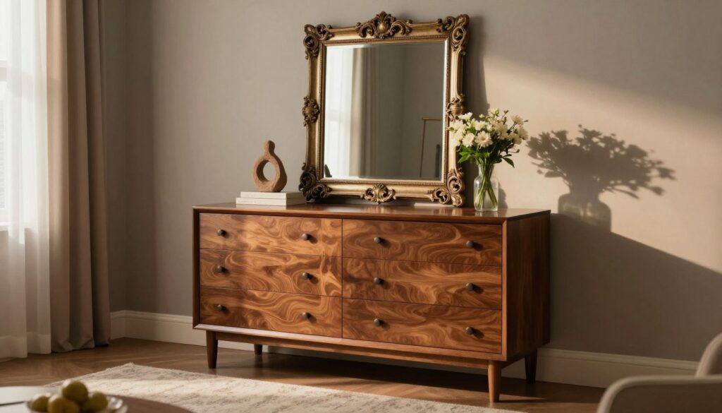 A beautifully styled living room featuring an elegant dresser topped with an ornate mirror. The mirror has an intricate, vintage frame reflecting soft, ambient lighting that creates a warm atmosphere. In the foreground, a sleek, wooden dresser is adorned with tasteful decorative items, including a small sculptural piece and a vase with fresh flowers. The middle ground displays the rich textures of a plush area rug beneath the dresser, adding depth and comfort to the scene. In the background, muted walls painted in soft hues complement the elegant decor, while subtle hints of natural light filter through sheer curtains, casting gentle shadows. The overall mood is sophisticated and artistic, perfect for conveying the theme of stylish interior design. A beautifully styled living room featuring an elegant dresser topped with an ornate mirror. The mirror has an intricate, vintage frame reflecting soft, ambient lighting that creates a warm atmosphere. In the foreground, a sleek, wooden dresser is adorned with tasteful decorative items, including a small sculptural piece and a vase with fresh flowers. The middle ground displays the rich textures of a plush area rug beneath the dresser, adding depth and comfort to the scene. In the background, muted walls painted in soft hues complement the elegant decor, while subtle hints of natural light filter through sheer curtains, casting gentle shadows. The overall mood is sophisticated and artistic, perfect for conveying the theme of stylish interior design.