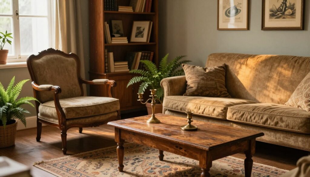 A beautifully styled living room showcasing vintage furniture, including an antique wooden armchair, a weathered wooden coffee table, and a classic upholstered couch. The foreground features intricate decorative elements like brass candlesticks, a handwoven rug, and a potted fern. In the middle ground, a vintage bookshelf filled with old books and art pieces creates a homely atmosphere. Soft, warm lighting from a nearby window enhances the cozy vibe, with golden rays illuminating the dust particles in the air. The background includes a muted wall with framed vintage artwork, creating a harmonious blend of colors. Capture this scene from a slightly elevated angle, emphasizing the depth and warmth of this inviting space while ensuring the overall mood is nostalgic and inviting, perfect for showcasing the charm of old furniture and thoughtful decor. A beautifully styled living room showcasing vintage furniture, including an antique wooden armchair, a weathered wooden coffee table, and a classic upholstered couch. The foreground features intricate decorative elements like brass candlesticks, a handwoven rug, and a potted fern. In the middle ground, a vintage bookshelf filled with old books and art pieces creates a homely atmosphere. Soft, warm lighting from a nearby window enhances the cozy vibe, with golden rays illuminating the dust particles in the air. The background includes a muted wall with framed vintage artwork, creating a harmonious blend of colors. Capture this scene from a slightly elevated angle, emphasizing the depth and warmth of this inviting space while ensuring the overall mood is nostalgic and inviting, perfect for showcasing the charm of old furniture and thoughtful decor.