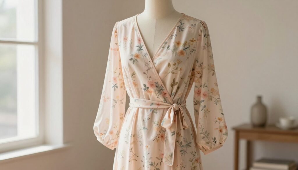 A beautifully styled wrap dress displayed elegantly on a mannequin in a soft, well-lit room. The dress, made from flowing fabric, showcases a delicate floral pattern in pastel colors, with a neatly tied waist that accentuates its design. The focus is on the neckline of the dress, demonstrating stability and grace, with subtle adjustments to maintain its structure. In the background, soft natural light streams through a window, creating a warm and inviting atmosphere. The room features minimalistic decor, emphasizing the dress as the centerpiece. The angle of the shot is slightly tilted to capture the draping fabric and the gentle folds that enhance the look of the wrap dress. A beautifully styled wrap dress displayed elegantly on a mannequin in a soft, well-lit room. The dress, made from flowing fabric, showcases a delicate floral pattern in pastel colors, with a neatly tied waist that accentuates its design. The focus is on the neckline of the dress, demonstrating stability and grace, with subtle adjustments to maintain its structure. In the background, soft natural light streams through a window, creating a warm and inviting atmosphere. The room features minimalistic decor, emphasizing the dress as the centerpiece. The angle of the shot is slightly tilted to capture the draping fabric and the gentle folds that enhance the look of the wrap dress.