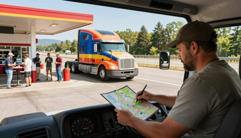 A busy truck driver’s daily life in North America, showcasing the vibrant scene of a highway rest stop. In the foreground, a truck driver in professional casual attire, focused on checking his route on a map inside the truck cabin. The middle ground features a large, colorful 18-wheeler truck parked beside a diner, with other truckers chatting and enjoying coffee. The background displays endless highways lined with trees under a clear blue sky, hinting at distant mountains. Soft, natural sunlight filters through the scene, casting gentle shadows and creating a warm, inviting atmosphere. The composition conveys a sense of movement and adventure, capturing the essence of life on the road for a truck driver. A busy truck driver’s daily life in North America, showcasing the vibrant scene of a highway rest stop. In the foreground, a truck driver in professional casual attire, focused on checking his route on a map inside the truck cabin. The middle ground features a large, colorful 18-wheeler truck parked beside a diner, with other truckers chatting and enjoying coffee. The background displays endless highways lined with trees under a clear blue sky, hinting at distant mountains. Soft, natural sunlight filters through the scene, casting gentle shadows and creating a warm, inviting atmosphere. The composition conveys a sense of movement and adventure, capturing the essence of life on the road for a truck driver.
