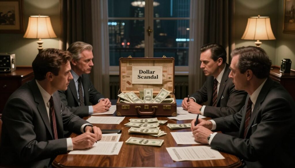 A captivating scene depicting the "Dollar Scandal" of the 1974 World Cup, set in a dimly lit hotel room filled with vintage decor. In the foreground, a group of men in professional business attire, looking intense and engaged in a heated discussion, surrounded by scattered papers, dollar bills, and a classic wooden table. In the middle ground, an open suitcase revealing more money and a hidden agenda, hinting at the financial conspiracy of the time. The background showcases a dimly lit cityscape visible through the window, reflecting a moody and tense atmosphere. The lighting is low, with a warm glow from a desk lamp casting shadows, enhancing the feeling of secrecy and intrigue. The overall mood is dramatic, conveying the seriousness of the scandal. A captivating scene depicting the "Dollar Scandal" of the 1974 World Cup, set in a dimly lit hotel room filled with vintage decor. In the foreground, a group of men in professional business attire, looking intense and engaged in a heated discussion, surrounded by scattered papers, dollar bills, and a classic wooden table. In the middle ground, an open suitcase revealing more money and a hidden agenda, hinting at the financial conspiracy of the time. The background showcases a dimly lit cityscape visible through the window, reflecting a moody and tense atmosphere. The lighting is low, with a warm glow from a desk lamp casting shadows, enhancing the feeling of secrecy and intrigue. The overall mood is dramatic, conveying the seriousness of the scandal.