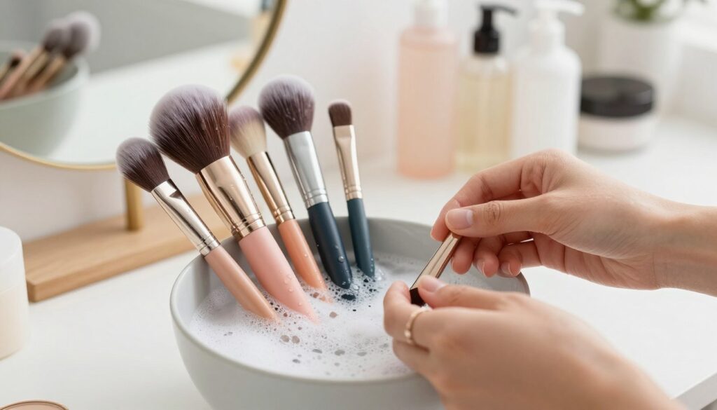 A clean and organized beauty workspace featuring a set of makeup brushes being gently washed in a stylish bowl filled with soapy water. The brushes, displayed in a gradient of colors and sizes, have soft bristles with some water droplets glistening on them. In the foreground, a pair of delicate hands, adorned with simple rings, carefully handles the brushes, showcasing proper cleaning technique. The background features a softly blurred vanity mirror and various beauty products, creating an inviting and hygienic atmosphere. Bright, natural lighting streams in, enhancing the cleanliness and freshness of the scene, while a shallow depth of field emphasizes the brushes and hands in focus. A clean and organized beauty workspace featuring a set of makeup brushes being gently washed in a stylish bowl filled with soapy water. The brushes, displayed in a gradient of colors and sizes, have soft bristles with some water droplets glistening on them. In the foreground, a pair of delicate hands, adorned with simple rings, carefully handles the brushes, showcasing proper cleaning technique. The background features a softly blurred vanity mirror and various beauty products, creating an inviting and hygienic atmosphere. Bright, natural lighting streams in, enhancing the cleanliness and freshness of the scene, while a shallow depth of field emphasizes the brushes and hands in focus.
