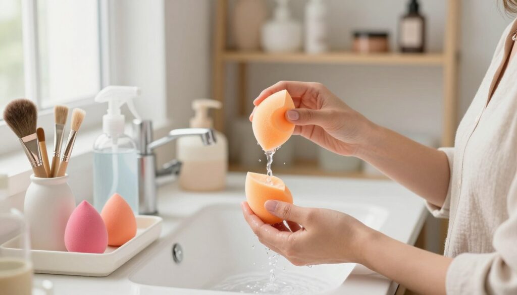 A clean, professional workspace featuring a makeup sponge being disinfected. In the foreground, a woman in modest casual clothing holds a makeup sponge under a gentle stream of warm water, while applying a clear, gentle cleanser. The sponge is vibrant, showcasing its soft texture and bright color. In the middle of the scene, there is a neatly organized tray with various tools for sponge cleaning, including brushes and a disinfecting spray bottle. The background includes soft-focus shelves with makeup products, creating a serene atmosphere. Natural light pours in from a nearby window, enhancing the freshness of the space. The overall mood is calm and professional, emphasizing cleanliness and care in makeup sponge maintenance. A clean, professional workspace featuring a makeup sponge being disinfected. In the foreground, a woman in modest casual clothing holds a makeup sponge under a gentle stream of warm water, while applying a clear, gentle cleanser. The sponge is vibrant, showcasing its soft texture and bright color. In the middle of the scene, there is a neatly organized tray with various tools for sponge cleaning, including brushes and a disinfecting spray bottle. The background includes soft-focus shelves with makeup products, creating a serene atmosphere. Natural light pours in from a nearby window, enhancing the freshness of the space. The overall mood is calm and professional, emphasizing cleanliness and care in makeup sponge maintenance.