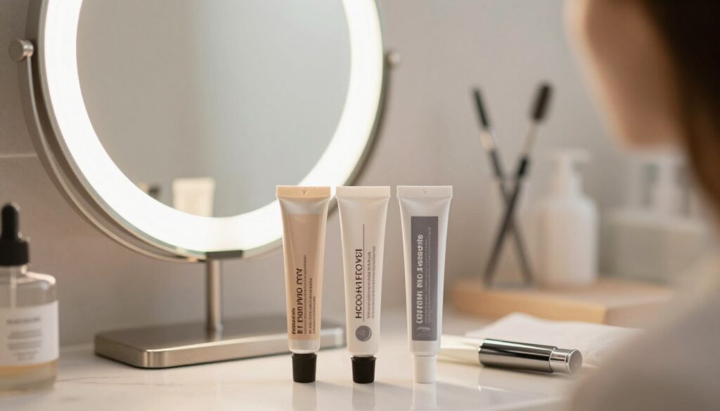 A close-up composition showcasing a comparison of popular healing ointments for tattooed eyebrows after permanent makeup. In the foreground, display three well-designed ointment tubes with distinct labels, arranged artfully with a slight tilt, emphasizing their unique properties. The middle ground should feature a soft focus on a well-lit vanity mirror reflecting a pair of tweezers and an eyebrow brush to suggest grooming. In the background, softly blurred, include a serene bathroom setting with neutral colors and minimalistic decor to evoke a calm atmosphere. Use natural lighting with a warm glow to enhance the soothing vibe, capturing attention while maintaining a professional presentation. The angle should be slightly above the arrangement, allowing all elements to be visible and inviting. A close-up composition showcasing a comparison of popular healing ointments for tattooed eyebrows after permanent makeup. In the foreground, display three well-designed ointment tubes with distinct labels, arranged artfully with a slight tilt, emphasizing their unique properties. The middle ground should feature a soft focus on a well-lit vanity mirror reflecting a pair of tweezers and an eyebrow brush to suggest grooming. In the background, softly blurred, include a serene bathroom setting with neutral colors and minimalistic decor to evoke a calm atmosphere. Use natural lighting with a warm glow to enhance the soothing vibe, capturing attention while maintaining a professional presentation. The angle should be slightly above the arrangement, allowing all elements to be visible and inviting.