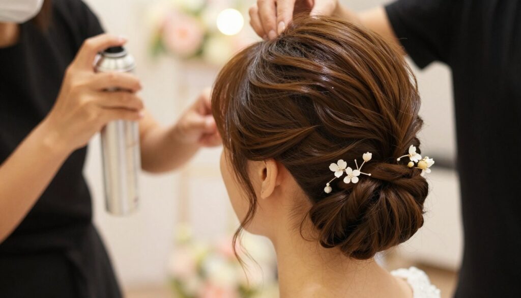A close-up image of a beautifully styled short hair for a wedding, showcasing an elegant and sophisticated hairstyle without complicated updos. The foreground features a model with short, glossy hair, adorned with delicate, understated hair accessories like subtle floral clips. In the middle, a stylist gently applies a finishing spray, emphasizing the tips and texture for long-lasting hold. The background is softly blurred, hinting at a wedding venue with pastel-colored decorations and soft bokeh lights, creating a romantic atmosphere. The lighting is warm and inviting, enhancing the fresh and polished look of the hair. Capture the essence of timeless elegance and practical hairstyling tips in a chic and tasteful manner.