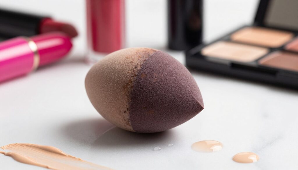 A close-up image of a used makeup sponge, highlighting its well-worn texture and faded colors, reflecting the need for replacement. The sponge is placed on a clean, white marble surface, surrounded by gentle water droplets and a few drops of liquid foundation, emphasizing the cosmetic residue. In the background, softly blurred vibrant makeup products, such as lipsticks and eyeshadows, create a lively atmosphere while ensuring the focus remains on the sponge. Warm, natural lighting casts gentle shadows, enhancing the details of the sponge. The overall mood is informative yet visually appealing, conveying the importance of recognizing the right time for replacing beauty tools. A close-up image of a used makeup sponge, highlighting its well-worn texture and faded colors, reflecting the need for replacement. The sponge is placed on a clean, white marble surface, surrounded by gentle water droplets and a few drops of liquid foundation, emphasizing the cosmetic residue. In the background, softly blurred vibrant makeup products, such as lipsticks and eyeshadows, create a lively atmosphere while ensuring the focus remains on the sponge. Warm, natural lighting casts gentle shadows, enhancing the details of the sponge. The overall mood is informative yet visually appealing, conveying the importance of recognizing the right time for replacing beauty tools.