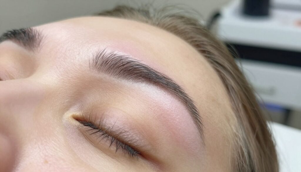 A close-up of a healthy, healing skin area around the eyebrows, highlighting the process of permanent makeup healing. The foreground features slightly raised, healing skin, displaying warm, natural tones with subtle shades of pink and brown. In the middle, delicate, fresh micro-scabs are visible, indicating the recent application of permanent makeup. The background is softly blurred, creating a serene atmosphere, with a hint of professional salon equipment in soft focus. The lighting is bright and clinical, with soft shadows that enhance the texture of the skin. The overall mood is calm and informative, emphasizing the importance of care during the healing process. No human subjects are present, ensuring a focus on the skin and the healing aspect. A close-up of a healthy, healing skin area around the eyebrows, highlighting the process of permanent makeup healing. The foreground features slightly raised, healing skin, displaying warm, natural tones with subtle shades of pink and brown. In the middle, delicate, fresh micro-scabs are visible, indicating the recent application of permanent makeup. The background is softly blurred, creating a serene atmosphere, with a hint of professional salon equipment in soft focus. The lighting is bright and clinical, with soft shadows that enhance the texture of the skin. The overall mood is calm and informative, emphasizing the importance of care during the healing process. No human subjects are present, ensuring a focus on the skin and the healing aspect.