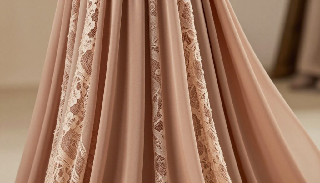 A close-up of a long dress showcasing various materials and textures, highlighting intricate patterns and the play of light upon them. The fabric includes silky chiffon, soft cotton, and delicate lace, each with distinct textures that flow seamlessly into one another. In the foreground, there is a beautifully draped portion of the dress, demonstrating its fluidity and elegance. The middle ground features a subtle display of accessories like a simple belt or a statement necklace, complementing the dress. The background is softly blurred, incorporating a warm, inviting color palette that enhances the dress's colors. The lighting is soft and diffused, evoking a serene, sophisticated atmosphere. The composition should emphasize earthy tones and details that capture the elegance of the dress while remaining suitable for everyday and special occasions. A close-up of a long dress showcasing various materials and textures, highlighting intricate patterns and the play of light upon them. The fabric includes silky chiffon, soft cotton, and delicate lace, each with distinct textures that flow seamlessly into one another. In the foreground, there is a beautifully draped portion of the dress, demonstrating its fluidity and elegance. The middle ground features a subtle display of accessories like a simple belt or a statement necklace, complementing the dress. The background is softly blurred, incorporating a warm, inviting color palette that enhances the dress's colors. The lighting is soft and diffused, evoking a serene, sophisticated atmosphere. The composition should emphasize earthy tones and details that capture the elegance of the dress while remaining suitable for everyday and special occasions.