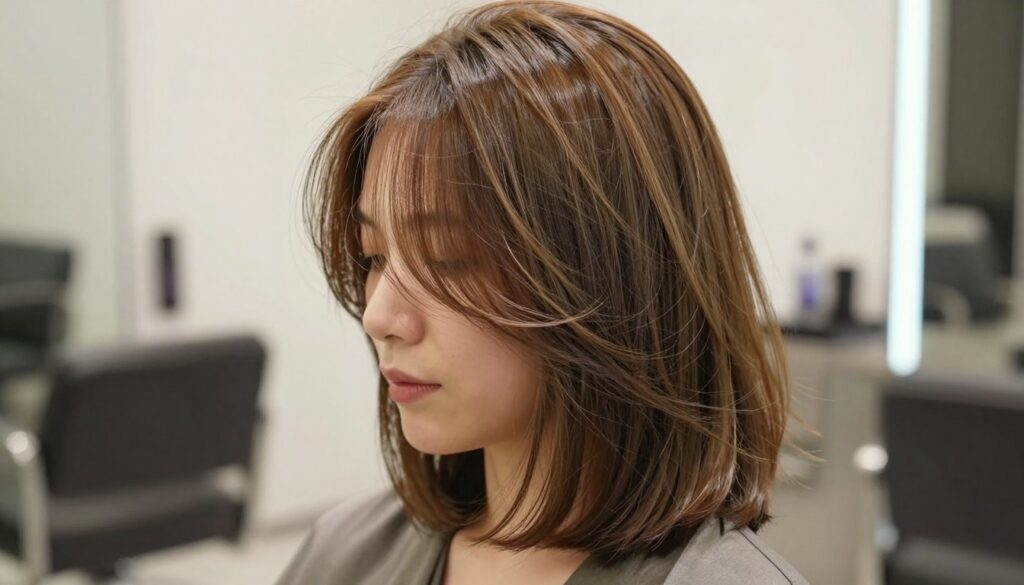 A close-up of a woman with fine, thin hair styled elegantly to enhance volume, showcasing a soft, layered haircut. The foreground features her hair highlighted with natural, sunlit tones, creating a sense of depth and movement. She wears a modest, stylish outfit, exuding confidence and sophistication. The middle layer includes a softly blurred background of a serene salon environment, with gentle lighting accentuating the shine and health of her hair. The atmosphere is calm and professional, emphasizing a nurturing approach to hair care. The image captures a moment of tranquility, focusing on hair texture and the feeling of lightness, promoting the idea of supportive hair care. A close-up of a woman with fine, thin hair styled elegantly to enhance volume, showcasing a soft, layered haircut. The foreground features her hair highlighted with natural, sunlit tones, creating a sense of depth and movement. She wears a modest, stylish outfit, exuding confidence and sophistication. The middle layer includes a softly blurred background of a serene salon environment, with gentle lighting accentuating the shine and health of her hair. The atmosphere is calm and professional, emphasizing a nurturing approach to hair care. The image captures a moment of tranquility, focusing on hair texture and the feeling of lightness, promoting the idea of supportive hair care.