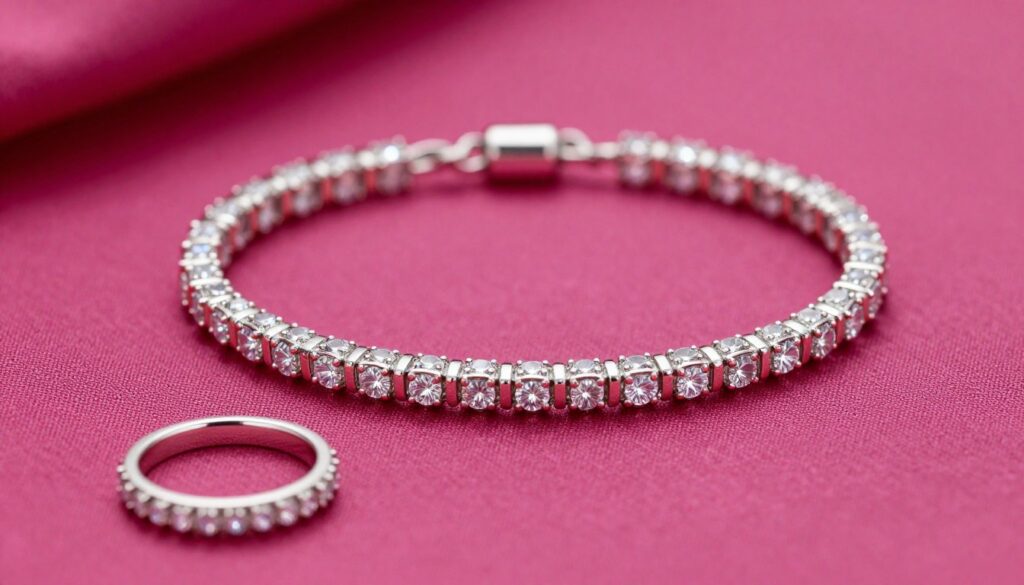 A close-up of an elegant bracelet made of delicate silver and rose gold, adorned with small, shimmering gemstones that reflect light beautifully. The bracelet is placed on a soft, textured fabric background in a rich fuchsia hue, enhancing its colors. In the foreground, a subtle glimmer of a matching ring can be seen, adding to the elegance without overwhelming the scene. The lighting is soft and diffuse, creating a warm, inviting atmosphere that highlights the intricate details of the jewelry. The angle is slightly elevated to capture the sparkle of the gemstones, emphasizing their brilliance and the luxurious feel of the accessories. The overall mood is sophisticated and chic, ideal for complementary accessories to a fuchsia dress.