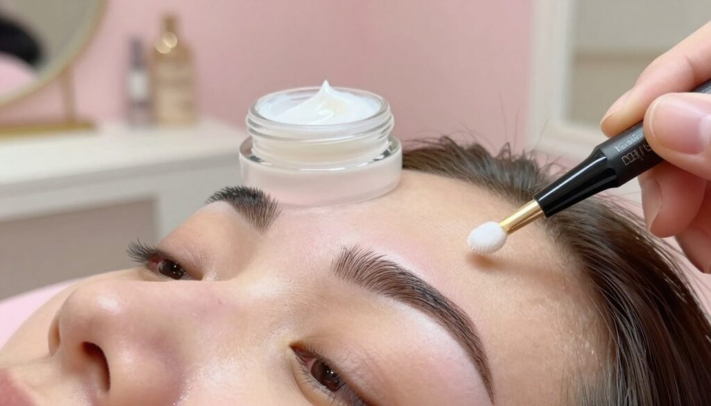 A close-up of well-groomed eyebrows undergoing the aftercare process of permanent makeup. In the foreground, a pair of perfectly shaped, freshly tinted eyebrows highlight subtle strokes of a brow pencil, exhibiting a natural fade. Soft, ethereal lighting enhances the brow's textures, emphasizing their smoothness. In the middle ground, a small glass jar of soothing ointment is placed next to a clean applicator with a gentle, luster finish, suggesting the healing aspect of aftercare. The background features a softly blurred beauty salon setting with pastel walls and elegant decor, creating a serene and peaceful atmosphere. The overall mood is calm and professional, reflecting the importance of proper eyebrow care post-permanent makeup. A close-up of well-groomed eyebrows undergoing the aftercare process of permanent makeup. In the foreground, a pair of perfectly shaped, freshly tinted eyebrows highlight subtle strokes of a brow pencil, exhibiting a natural fade. Soft, ethereal lighting enhances the brow's textures, emphasizing their smoothness. In the middle ground, a small glass jar of soothing ointment is placed next to a clean applicator with a gentle, luster finish, suggesting the healing aspect of aftercare. The background features a softly blurred beauty salon setting with pastel walls and elegant decor, creating a serene and peaceful atmosphere. The overall mood is calm and professional, reflecting the importance of proper eyebrow care post-permanent makeup.