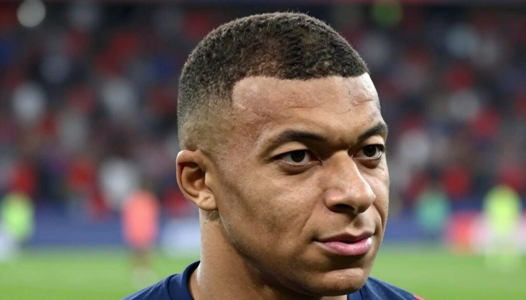 A close-up portrait of Kylian Mbappé showcasing his distinctive hairstyle, which features a sleek, tapered cut with textured volume on top. The focus is on his facial expression, capturing his determination and athleticism, with a slight smile suggesting confidence. The hair is styled with a modern edge, emphasizing its sculpted look. The background is a blurred football pitch scene, hinting at a vibrant stadium atmosphere with cheering fans, soft lighting accentuating the features. Use a shallow depth of field to keep Mbappé sharp and in focus while giving a sense of movement in the background. The image should evoke a feeling of pride and inspiration, reflecting the phenomenon of his hairstyle in the world of sports.