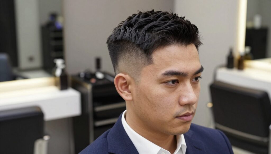 A close-up portrait of a man with a stylish taper fade haircut, showcasing the smooth transition from longer hair on top to shorter sides. He has a confident expression and is dressed in professional business attire, with a well-fitted blazer and a crisp shirt. The lighting is soft and ambient, highlighting the texture and details of the hair. The background is a blurred modern hair salon interior, featuring professional styling tools and elegant decor. The angle is slightly tilted to emphasize the haircut, creating a dynamic perspective. The overall mood is polished and sophisticated, reflecting the artistry of professional hair styling. A close-up portrait of a man with a stylish taper fade haircut, showcasing the smooth transition from longer hair on top to shorter sides. He has a confident expression and is dressed in professional business attire, with a well-fitted blazer and a crisp shirt. The lighting is soft and ambient, highlighting the texture and details of the hair. The background is a blurred modern hair salon interior, featuring professional styling tools and elegant decor. The angle is slightly tilted to emphasize the haircut, creating a dynamic perspective. The overall mood is polished and sophisticated, reflecting the artistry of professional hair styling.