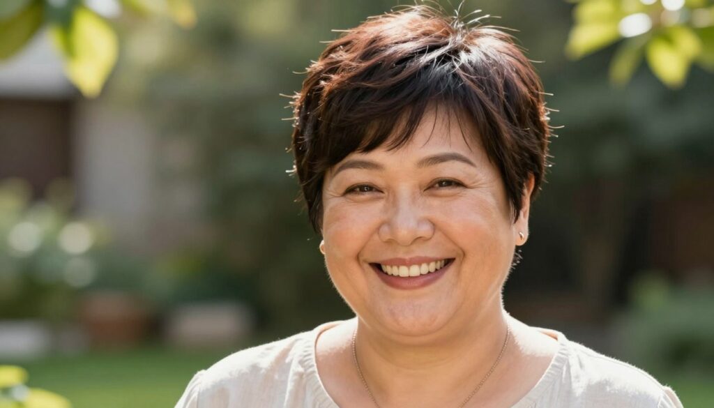 A close-up portrait of a mature woman with a round face, showcasing a stylish pixie haircut that lifts and defines her features. The woman has warm, soft facial features and a radiant smile that conveys confidence. She is wearing a light-colored, modest blouse and subtle jewelry, positioned against a softly blurred garden background with dappled sunlight filtering through the leaves. The lighting is bright yet flattering, emphasizing the texture of her hair and the softness of her skin. The camera angle is slightly elevated, offering a perspective that highlights the haircut's shape and the woman’s joyful expression. Overall, the atmosphere is cheerful and uplifting, reflecting a sense of empowerment through her stylish choice. A close-up portrait of a mature woman with a round face, showcasing a stylish pixie haircut that lifts and defines her features. The woman has warm, soft facial features and a radiant smile that conveys confidence. She is wearing a light-colored, modest blouse and subtle jewelry, positioned against a softly blurred garden background with dappled sunlight filtering through the leaves. The lighting is bright yet flattering, emphasizing the texture of her hair and the softness of her skin. The camera angle is slightly elevated, offering a perspective that highlights the haircut's shape and the woman’s joyful expression. Overall, the atmosphere is cheerful and uplifting, reflecting a sense of empowerment through her stylish choice.