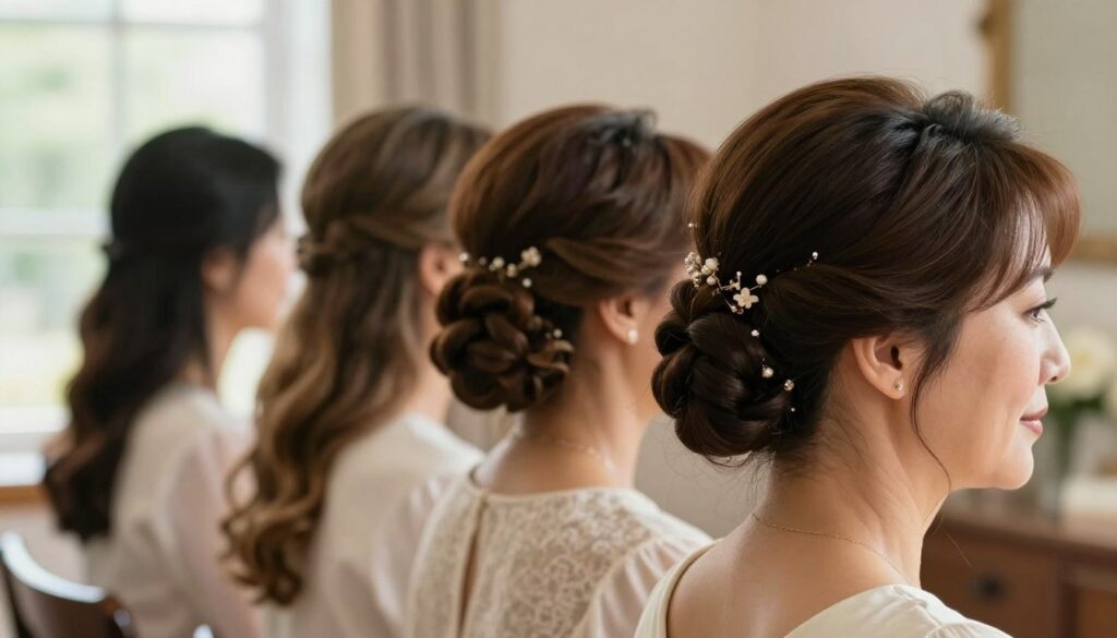 A close-up portrait of a sophisticated hairstyle for a mother attending a communion, focusing on a variety of elegant hairstyles suitable for different hair lengths. The foreground features a serene woman with a chic updo adorned with delicate hairpins, highlighting the texture and sheen of her hair. In the middle, showcase styles such as loose waves and a sleek bob, all set within a softly blurred indoor setting, suggesting warmth and intimacy. The background features soft, natural lighting filtering through a window, enhancing the colors and adding a gentle glow to the image. The overall mood is celebratory and elegant, capturing the essence of special occasions. Ensure the woman is dressed in professional or modest attire to suit the occasion.
