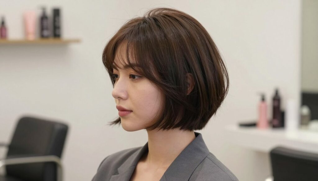 A close-up portrait of a woman with a chic bob haircut, showcasing its elegant structure that emphasizes her neck and facial features. The hairstyle is perfectly styled, highlighting a smooth and polished look, with a subtle shine reflecting in the soft, natural lighting. The woman, dressed in a smart casual outfit, is seated in a minimalist salon setting, surrounded by elegant hair care products displayed neatly on a shelf in the background. The atmosphere is serene and professional, evoking a sense of relaxation and care. The image is taken at a slight angle to capture the depth of her hairstyle while maintaining focus on her graceful expression. The overall color palette is soft and inviting, with muted tones that are calming and sophisticated. A close-up portrait of a woman with a chic bob haircut, showcasing its elegant structure that emphasizes her neck and facial features. The hairstyle is perfectly styled, highlighting a smooth and polished look, with a subtle shine reflecting in the soft, natural lighting. The woman, dressed in a smart casual outfit, is seated in a minimalist salon setting, surrounded by elegant hair care products displayed neatly on a shelf in the background. The atmosphere is serene and professional, evoking a sense of relaxation and care. The image is taken at a slight angle to capture the depth of her hairstyle while maintaining focus on her graceful expression. The overall color palette is soft and inviting, with muted tones that are calming and sophisticated.