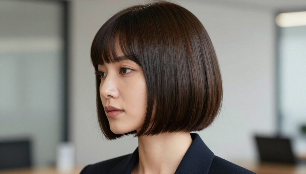 A close-up portrait of a woman with a classic blunt bob hairstyle, featuring straight, sharp lines that elegantly frame her face and expose the neck. The bob is sleek and glossy, demonstrating its timeless appeal. She is dressed in smart, professional attire, exuding confidence and poise. Soft, diffused lighting illuminates her features, highlighting the texture and shine of her hair. The background is a softly blurred, minimalistic office setting to maintain focus on her hairstyle, while enhancing the professional atmosphere. Capture her profile at a slight angle, showcasing the style's artistry and its ability to accentuate facial features. The overall mood is sophisticated and polished, reflecting the enduring charm of the blunt bob haircut. A close-up portrait of a woman with a classic blunt bob hairstyle, featuring straight, sharp lines that elegantly frame her face and expose the neck. The bob is sleek and glossy, demonstrating its timeless appeal. She is dressed in smart, professional attire, exuding confidence and poise. Soft, diffused lighting illuminates her features, highlighting the texture and shine of her hair. The background is a softly blurred, minimalistic office setting to maintain focus on her hairstyle, while enhancing the professional atmosphere. Capture her profile at a slight angle, showcasing the style's artistry and its ability to accentuate facial features. The overall mood is sophisticated and polished, reflecting the enduring charm of the blunt bob haircut.