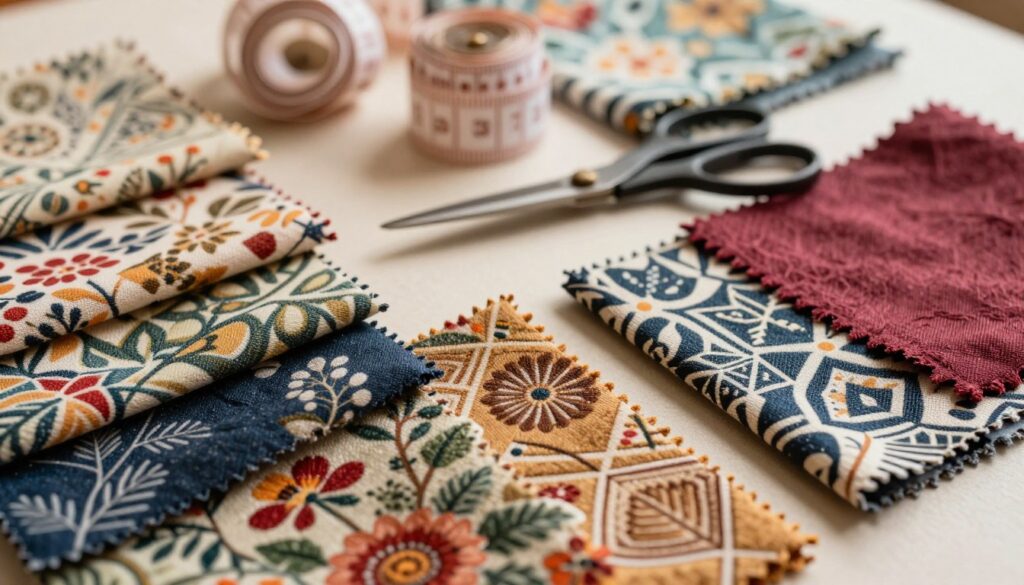 A close-up view of a beautifully arranged selection of various fabric swatches in rich colors and intricate patterns, displayed on a soft, neutral background that enhances their textures. The foreground features detailed designs showcasing floral, geometric, and abstract motifs, with emphasis on the varying directions of the fabric's fibers. In the middle ground, scattered sewing tools like scissors and measuring tape subtly hint at the creative process involved in selecting these fabrics for dressmaking. The lighting is warm and inviting, creating soft shadows that accentuate the fabric’s texture and patterns. The overall mood is artistic and inspiring, aimed at capturing the essence of fabric selection for fashion design. No text or watermarks are included. A close-up view of a beautifully arranged selection of various fabric swatches in rich colors and intricate patterns, displayed on a soft, neutral background that enhances their textures. The foreground features detailed designs showcasing floral, geometric, and abstract motifs, with emphasis on the varying directions of the fabric's fibers. In the middle ground, scattered sewing tools like scissors and measuring tape subtly hint at the creative process involved in selecting these fabrics for dressmaking. The lighting is warm and inviting, creating soft shadows that accentuate the fabric’s texture and patterns. The overall mood is artistic and inspiring, aimed at capturing the essence of fabric selection for fashion design. No text or watermarks are included.