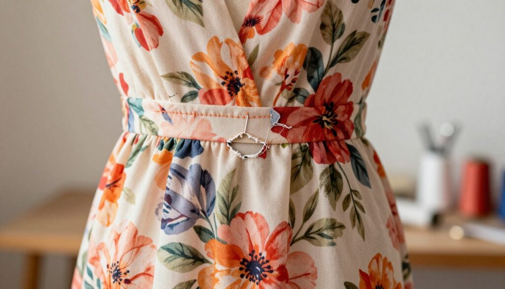 A close-up view of a beautifully tailored dress with a small, expertly sewn patch concealing a hidden tear. The dress features a vibrant floral pattern, showcasing delicate details and textures in the fabric. In the foreground, the focus is on the area with the repair, emphasizing the neat stitches that blend seamlessly into the material. The middle ground exhibits the rest of the dress, which drapes elegantly on a mannequin, perfectly lit to highlight the craftsmanship. Soft, diffused lighting creates a warm and inviting atmosphere, enhancing the richness of the colors. The background is softly blurred, hinting at a stylish sewing workspace with tools like needles and threads, adding to the ambiance of creativity and precision.