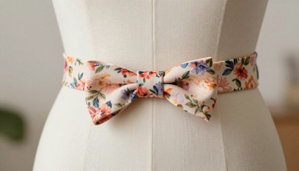 A close-up view of a beautifully tied fabric belt in a soft, floral print, accentuating a mannequin's waist to demonstrate the technique. The belt is looped in a classic bow style, showcasing the intricate folds and textures of the material. The background is softly blurred, featuring a light, neutral color palette to ensure the focus remains on the belt's details. A warm light source highlights the fabric’s vibrant colors and crisp edges, adding depth and dimension to the image. The setting conveys an inviting and elegant atmosphere, ideal for showcasing fashion techniques. The scene is styled to emphasize an instructional context, inspiring readers to learn how to tie their own fabric belts beautifully. A close-up view of a beautifully tied fabric belt in a soft, floral print, accentuating a mannequin's waist to demonstrate the technique. The belt is looped in a classic bow style, showcasing the intricate folds and textures of the material. The background is softly blurred, featuring a light, neutral color palette to ensure the focus remains on the belt's details. A warm light source highlights the fabric’s vibrant colors and crisp edges, adding depth and dimension to the image. The setting conveys an inviting and elegant atmosphere, ideal for showcasing fashion techniques. The scene is styled to emphasize an instructional context, inspiring readers to learn how to tie their own fabric belts beautifully.