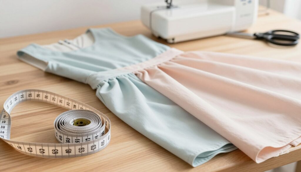 A close-up view of a measuring tape alongside a beautifully draped dress fabric in soft pastel colors, laying on a wooden table. In the foreground, the measuring tape is prominently featured, its numbers clearly visible, emphasizing precision. The middle layer includes the fabric, skillfully arranged to suggest the elegance of a dress in the making. In the background, a sewing machine and a pair of fabric scissors can be seen, subtly hinting at the process of tailoring. Soft, diffused lighting brightens the scene, creating a warm and inviting atmosphere, perfect for a sewing workspace. The overall mood is creative and organized, ideal for visualizing preparation for dress measurements.