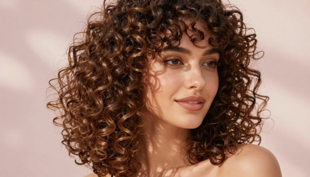 A close-up view of a woman with shoulder-length curly hair, beautifully styled in defined, bouncy curls. Her hair has a healthy shine and showcases a mix of natural tones. The foreground features her hair softly falling around her shoulders, accentuating the curls’ texture. In the middle ground, the focus transitions to her face and shoulders, revealing a warm expression. The background is softly blurred with a light pastel color, creating a dreamy atmosphere. The lighting is soft and natural, mimicking sunlight filtering through leaves, enhancing the hair's texture and shine. The overall mood is serene and uplifting, reflecting the beauty and complexity of managing curly hair without any text or distractions. A close-up view of a woman with shoulder-length curly hair, beautifully styled in defined, bouncy curls. Her hair has a healthy shine and showcases a mix of natural tones. The foreground features her hair softly falling around her shoulders, accentuating the curls’ texture. In the middle ground, the focus transitions to her face and shoulders, revealing a warm expression. The background is softly blurred with a light pastel color, creating a dreamy atmosphere. The lighting is soft and natural, mimicking sunlight filtering through leaves, enhancing the hair's texture and shine. The overall mood is serene and uplifting, reflecting the beauty and complexity of managing curly hair without any text or distractions.