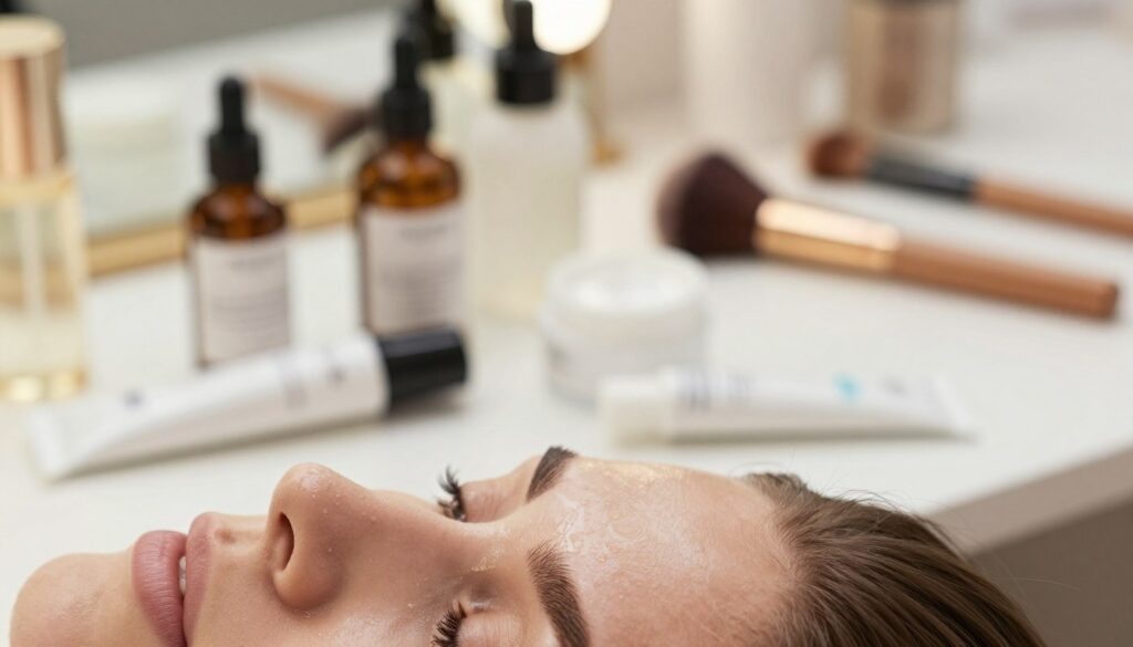A close-up view of a woman's eyebrows, beautifully shaped but slightly overdone with a glossy film of skincare products, emphasizing the concept of excess. The foreground features the eyebrows, highlighted by soft, diffused lighting to create a natural sheen. In the middle, a few open bottles and tubes of skincare products lie scattered, showing various textures of creams and serums. The background is softly blurred, hinting at a vanity table with elegant makeup brushes and a mirror reflecting ambient light. The atmosphere is calm and reflective, inviting contemplation about the balance of beauty routines. Use a shallow depth of field to draw attention to the eyebrows and products, creating an elegant yet cautionary visual narrative.