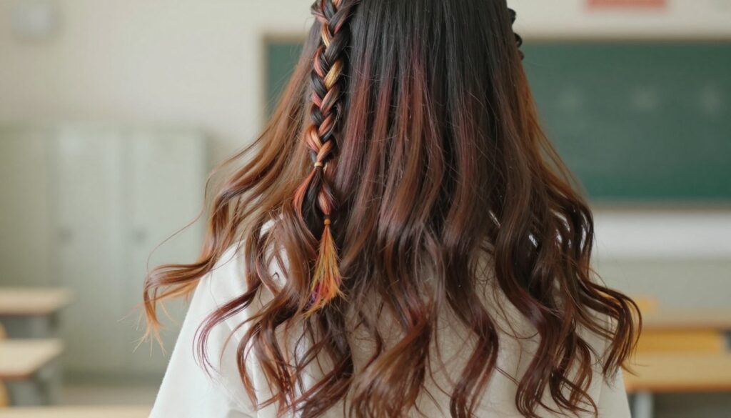 A close-up view of a young woman with long, flowing hair styled in various trendy and school-appropriate hairstyles. In the foreground, the focus is on her luscious hair, with intricate braids and soft waves cascading down her shoulders, displaying vibrant color highlights that reflect a youthful spirit. The middle section features her modest outfit, a casual yet stylish top, enhancing the overall aesthetic without distraction. The background presents a softly blurred school environment with hints of lockers and soft lighting, creating an inviting and warm atmosphere. The lighting is natural and radiant, evoking a sense of freshness and confidence. The image captures the essence of everyday elegance and creativity for teenagers, inspiring confidence and individuality through their hair styling options.