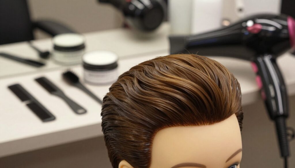 A close-up view of well-styled men's hair with a defined part, showcasing both classic and modern styling techniques. The foreground features a mannequin head with a sleek, shiny haircut that has a smooth, side-swept part. The middle ground depicts tools of hairstyling, such as a comb, pomade, and a hair dryer, arranged neatly to suggest a step-by-step process. The background is softly blurred, suggesting a contemporary barber shop setting with warm lighting accentuating the texture of the hair. The mood is professional and inviting, aiming to inspire confidence in readers looking to master hair styling techniques. The scene is well-lit, capturing the vibrant details of the hair and tools.