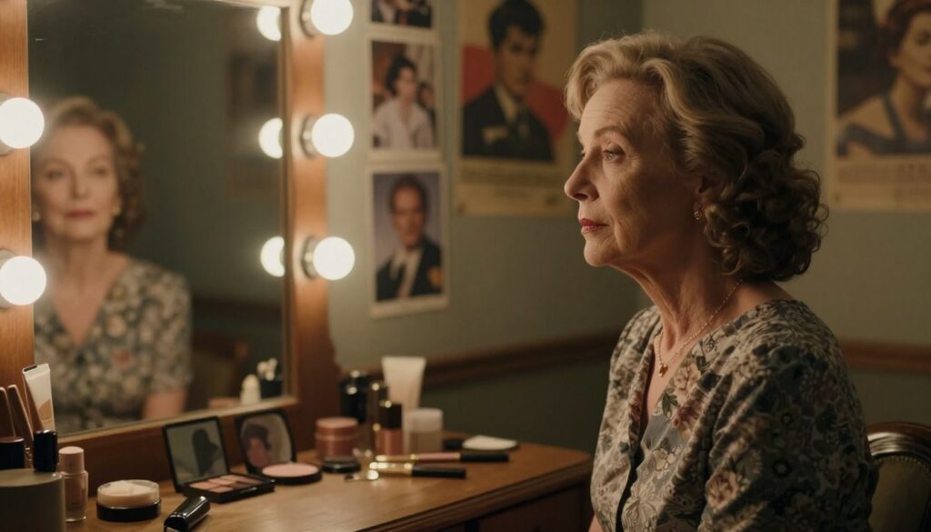 A contemplative woman in her 70s, resembling a classic film star, stands in a softly lit vintage dressing room filled with memories. Her elegant attire reflects modest sophistication, featuring a timeless dress with subtle floral patterns. The foreground captures her introspective expression as she gazes into an ornate mirror, hinting at the struggles of beauty and public life. In the middle ground, delicate cosmetics are arranged on a vanity, symbolizing the pressures of appearance. The background features softly blurred photographs and nostalgic film posters that evoke her storied past. The overall atmosphere is melancholic yet warm, illuminated by gentle, diffused light that creates a dreamy ambiance, embodying the theme of beauty's burden and the difficult choices she has faced.