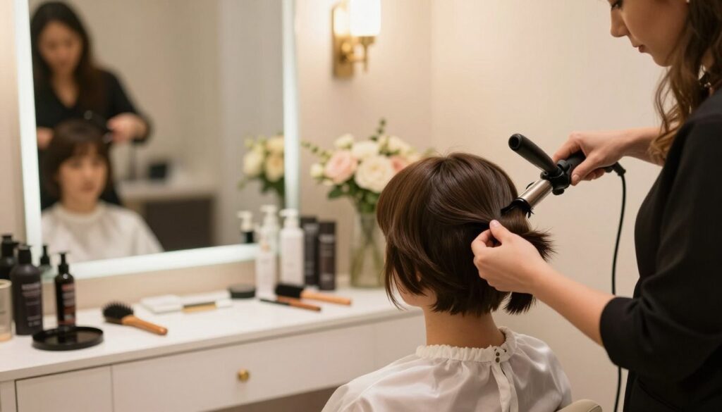 A cozy and elegant hair preparation space featuring a stylist working on short hair for a wedding hairstyle. In the foreground, a hairstylist, dressed in professional attire, gently curls the client's hair using a curling iron, showcasing delicate movements. The middle ground displays a well-organized vanity with hair products, brushes, and a mirror reflecting soft, warm lighting that adds to the inviting atmosphere. The background includes beautifully arranged flowers and subtle decorations, enhancing the wedding theme. The scene captures a serene and focused mood, emphasizing sophistication and readiness for a special event. The composition is framed with a slightly blurred depth of field, highlighting the hair preparation while maintaining an elegant and polished look.