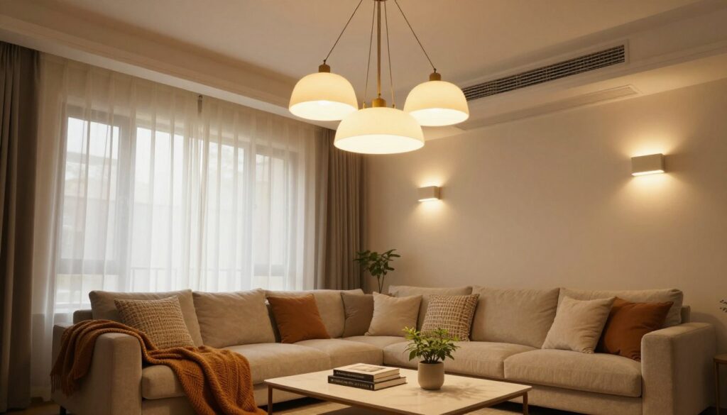 A cozy and stylish living room showcasing the role of general lighting in interior design. The foreground features a comfortable sofa adorned with textured cushions, a warm throw blanket, and a stylish coffee table with decorative books and a small plant. In the middle, elegant pendant lights hang from the ceiling, casting a soft, inviting glow, while wall sconces provide ambient light, creating a layered atmosphere. The background reveals large windows with sheer curtains gently filtering the sunlight, enhancing the welcoming vibe. The scene is captured with a warm color palette, emphasizing warmth and comfort, shot at a slightly elevated angle to showcase the lighting effects and design elements harmoniously.