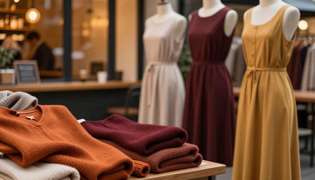A cozy autumn scene featuring various dress materials suitable for cooler days. In the foreground, soft fabrics like wool, cotton blends, and knitted textures in earthy tones such as burnt orange, deep burgundy, and rich mustard. The middle ground showcases elegant dresses styled on mannequins, highlighting their flowy silhouettes and comfortable cuts, ideal for everyday wear. In the background, a warm, gently blurred coffee shop with large windows that filter in soft, golden light, creating an inviting atmosphere. The overall mood is warm and comforting, evoking the feeling of an autumn afternoon. Ensure the scene is free of any text, watermarks, or distractions.