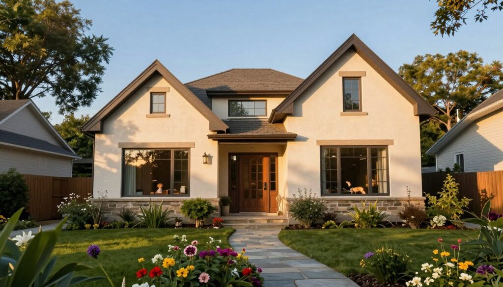 A cozy family home surrounded by a lush garden, featuring a charming facade with a mix of modern and traditional architectural elements. The foreground showcases vibrant flowers and a stone pathway leading to a welcoming front door. In the middle ground, large windows reflect soft afternoon sunlight, emphasizing a warm and inviting atmosphere. The background includes tall trees under a clear blue sky, suggesting a serene suburban neighborhood. The scene is captured from a slightly elevated angle, creating a sense of depth, while warm, golden-hour lighting enhances the intimate feel of the home. The mood is peaceful and inviting, perfect for representing a family residence. A cozy family home surrounded by a lush garden, featuring a charming facade with a mix of modern and traditional architectural elements. The foreground showcases vibrant flowers and a stone pathway leading to a welcoming front door. In the middle ground, large windows reflect soft afternoon sunlight, emphasizing a warm and inviting atmosphere. The background includes tall trees under a clear blue sky, suggesting a serene suburban neighborhood. The scene is captured from a slightly elevated angle, creating a sense of depth, while warm, golden-hour lighting enhances the intimate feel of the home. The mood is peaceful and inviting, perfect for representing a family residence.