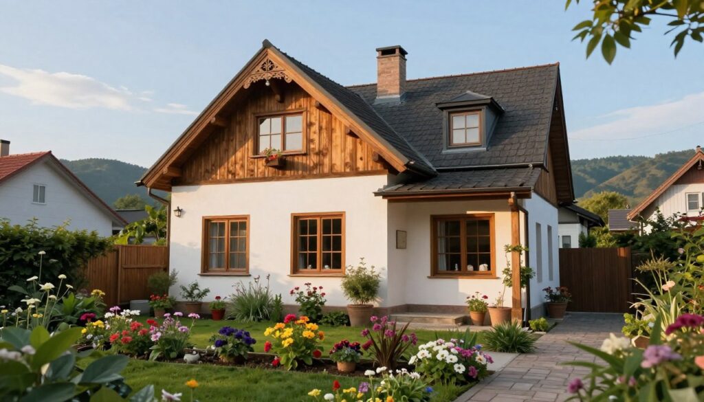 A cozy, inviting home in a quiet neighborhood, reminiscent of Teresa Lipowska's life journey. In the foreground, a charming garden filled with vibrant flowers, symbolizing growth and change. The middle features a well-kept, elegant house with warm wooden accents and large windows, reflecting natural light. In the background, gentle hills under a bright blue sky add depth to the scene. The lighting is soft and warm, suggesting a late afternoon glow, evoking a feeling of nostalgia and tranquility. The atmosphere is serene, inviting viewers to reflect on the evolution of a beloved figure's life and surroundings. No people in the image, focusing solely on the intimate setting. A cozy, inviting home in a quiet neighborhood, reminiscent of Teresa Lipowska's life journey. In the foreground, a charming garden filled with vibrant flowers, symbolizing growth and change. The middle features a well-kept, elegant house with warm wooden accents and large windows, reflecting natural light. In the background, gentle hills under a bright blue sky add depth to the scene. The lighting is soft and warm, suggesting a late afternoon glow, evoking a feeling of nostalgia and tranquility. The atmosphere is serene, inviting viewers to reflect on the evolution of a beloved figure's life and surroundings. No people in the image, focusing solely on the intimate setting.