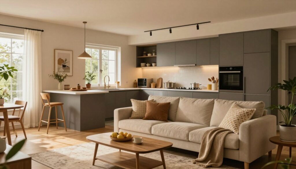 A cozy living room area merged with a functional kitchenette in a stylish 30 m² space, showcasing a comfortable seating arrangement with a plush sofa, coffee table, and decorative cushions. The kitchenette features modern appliances and sleek cabinetry, with a stylish bar counter separating the two areas. The foreground captures warm, inviting lighting, creating a harmonious atmosphere, while the background includes soft colors and decorative plants enhancing the design. The room is well-organized, balancing comfort and practicality, demonstrating a perfect blend for relaxation and cooking. The perspective is slightly angled, emphasizing spaciousness, with natural light filtering through large windows, filling the room with an uplifting ambiance. A cozy living room area merged with a functional kitchenette in a stylish 30 m² space, showcasing a comfortable seating arrangement with a plush sofa, coffee table, and decorative cushions. The kitchenette features modern appliances and sleek cabinetry, with a stylish bar counter separating the two areas. The foreground captures warm, inviting lighting, creating a harmonious atmosphere, while the background includes soft colors and decorative plants enhancing the design. The room is well-organized, balancing comfort and practicality, demonstrating a perfect blend for relaxation and cooking. The perspective is slightly angled, emphasizing spaciousness, with natural light filtering through large windows, filling the room with an uplifting ambiance.